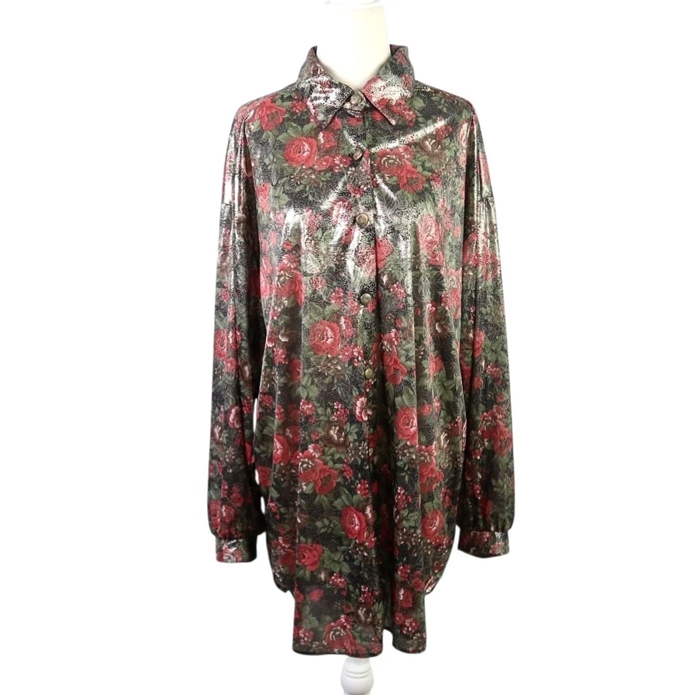 Lee VINTAGE Lauren Lee Blouse Tunic Bohemian 80s Floral Silver Metallic Green Pink L Women Size L / US 10 / IT 46 - 2 Thumbnail