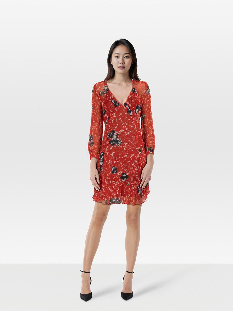 Red Abstract Patterned Long Sleeve Dress