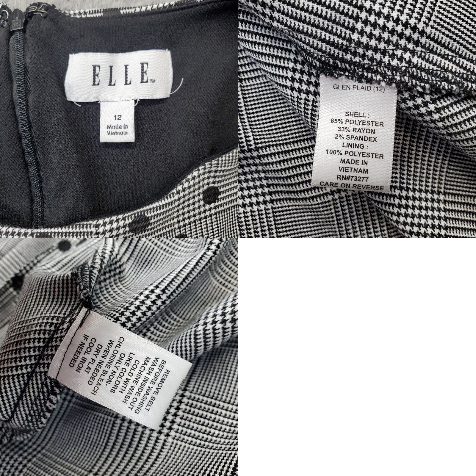 Vintage Elle Brand Fit & Flare Dress Womens Size 12 Black White Glen Plaid Polka Dot Back Zip Midi Sleeveless Spring Summer Casual Womens Size XL / US 12-14 / IT 48-50 - 8 Thumbnail