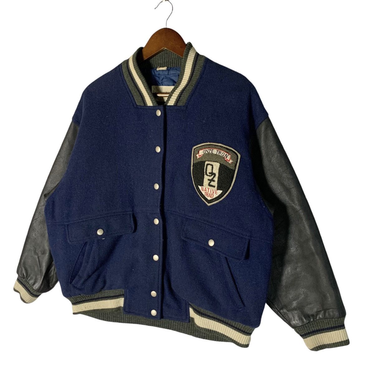 Japanese Brand × Vintage Vintage Onze Tron Hair Half Leather Varsity Jacket Size L Size US L / EU 52-54 / 3 - 3 Thumbnail