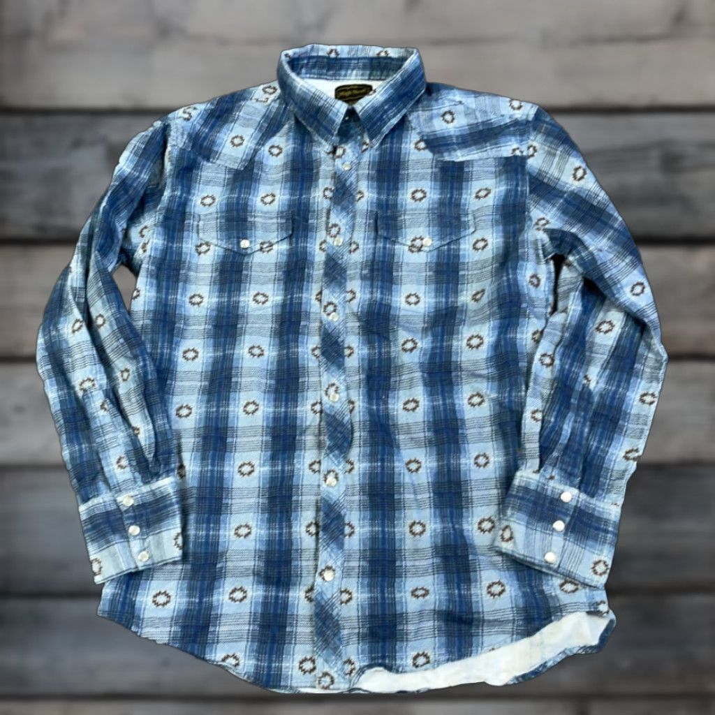 Vintage VINTAGE High Noon Men's Flannel Shirt Cotton Casual Western Plaid Snap Button-Medium Blue Rockabilly Size US M / EU 48-50 / 2 - 1 Thumbnail