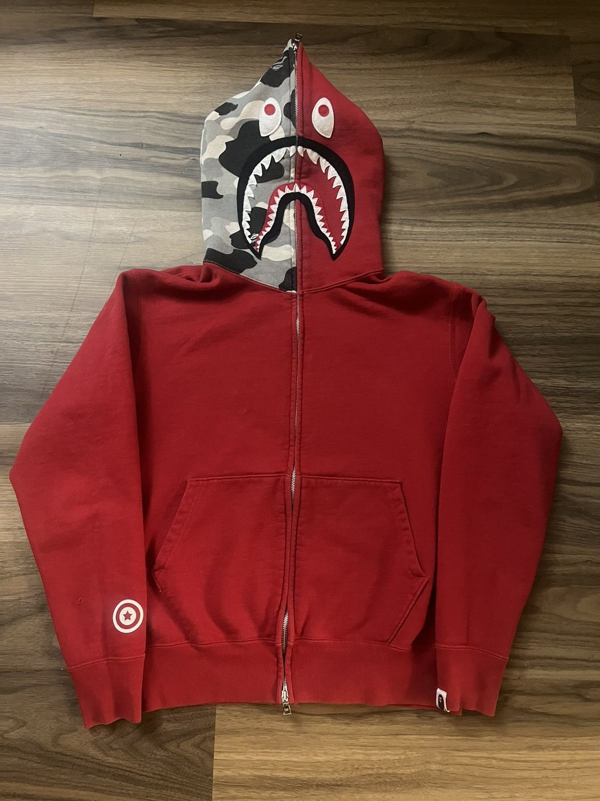 image of Vintage Bape Red/snow Camo Shark Full Zip Hoodie Nigo Era, Men's (Size Small)