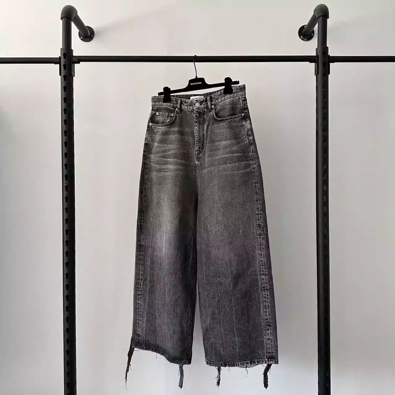 image of Balenciaga Fw22 Leg Destruction Low Crotch Wash Baggy Jeans in Black, Men's (Size 26)