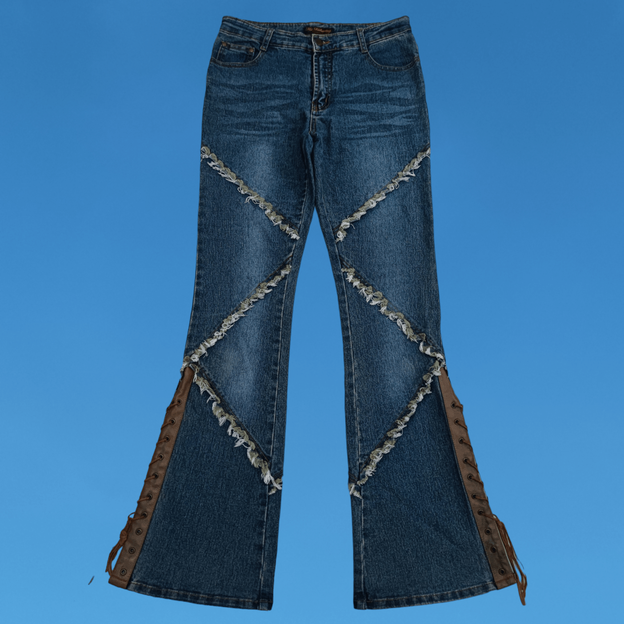 image of If Six Was Nine x Le Grande Bleu L G B Hot Balooning Fringe Patchwork Lace-Up Bottom Flared Pants, 