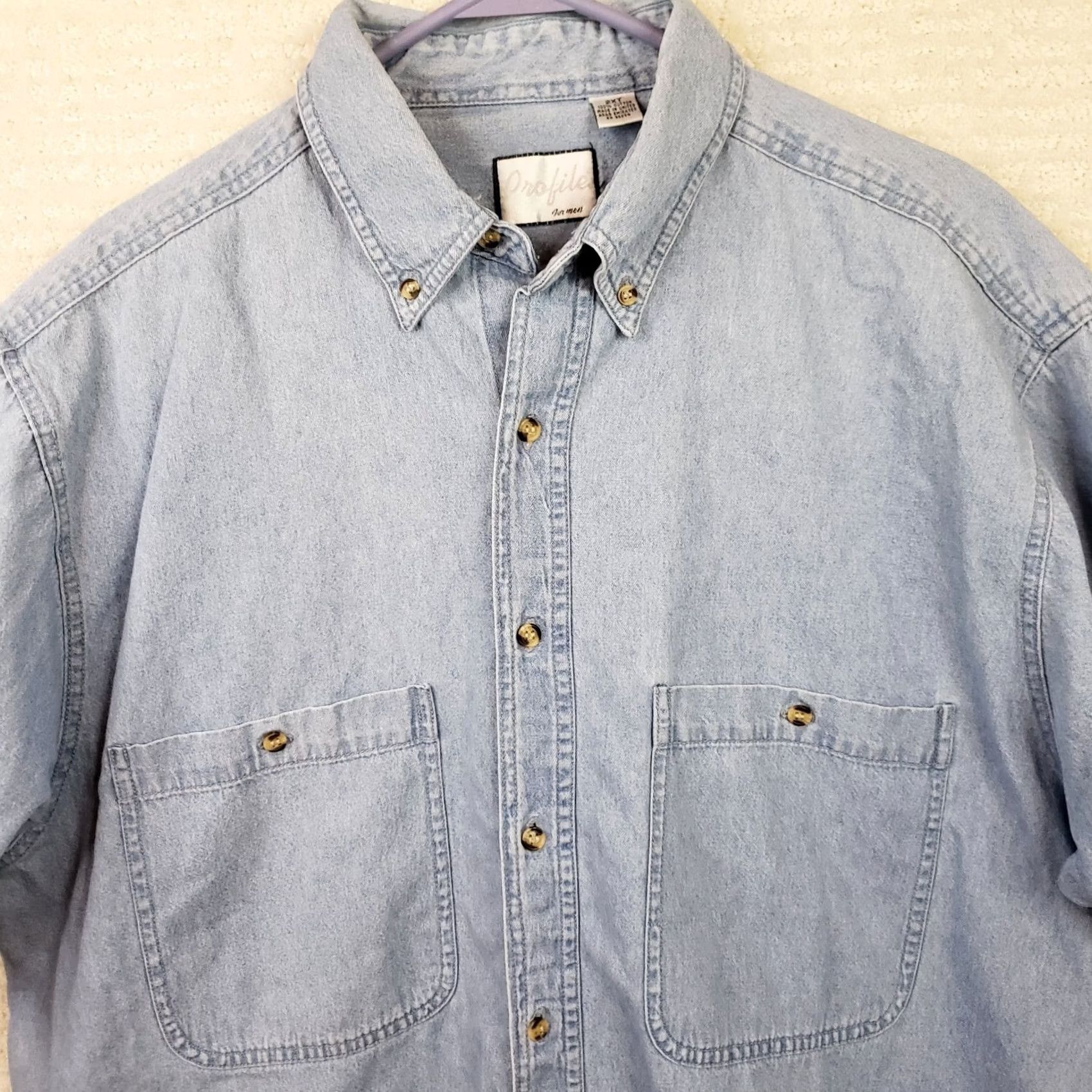 Vintage Profile for Men Denim Shirt 2XT Light Blue Long Sleeve Button-Up Pockets Casual Workwear Shirts Mens Size US XXL / EU 58 / 5 - 3 Thumbnail