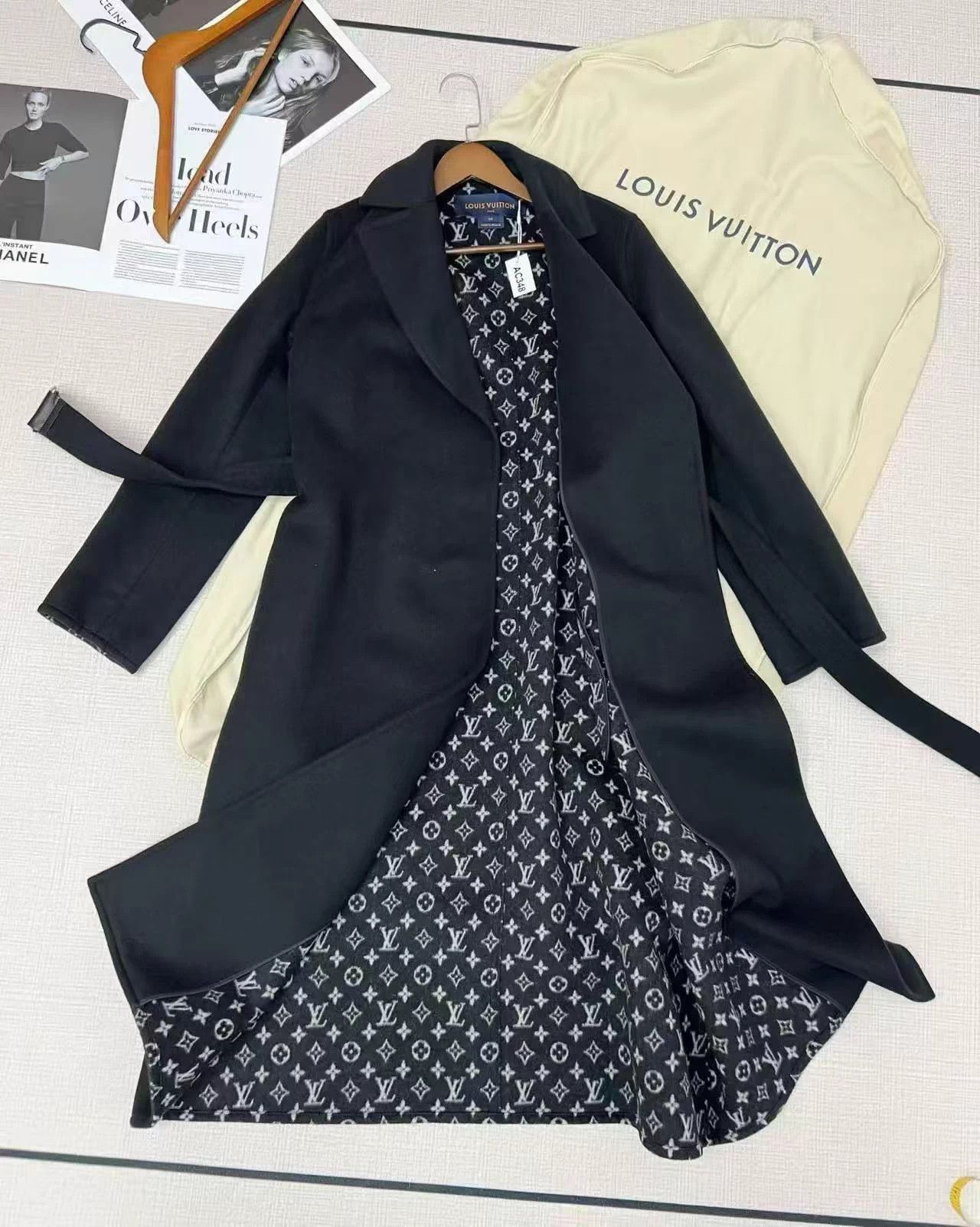 LV full logo print wool long coat 34