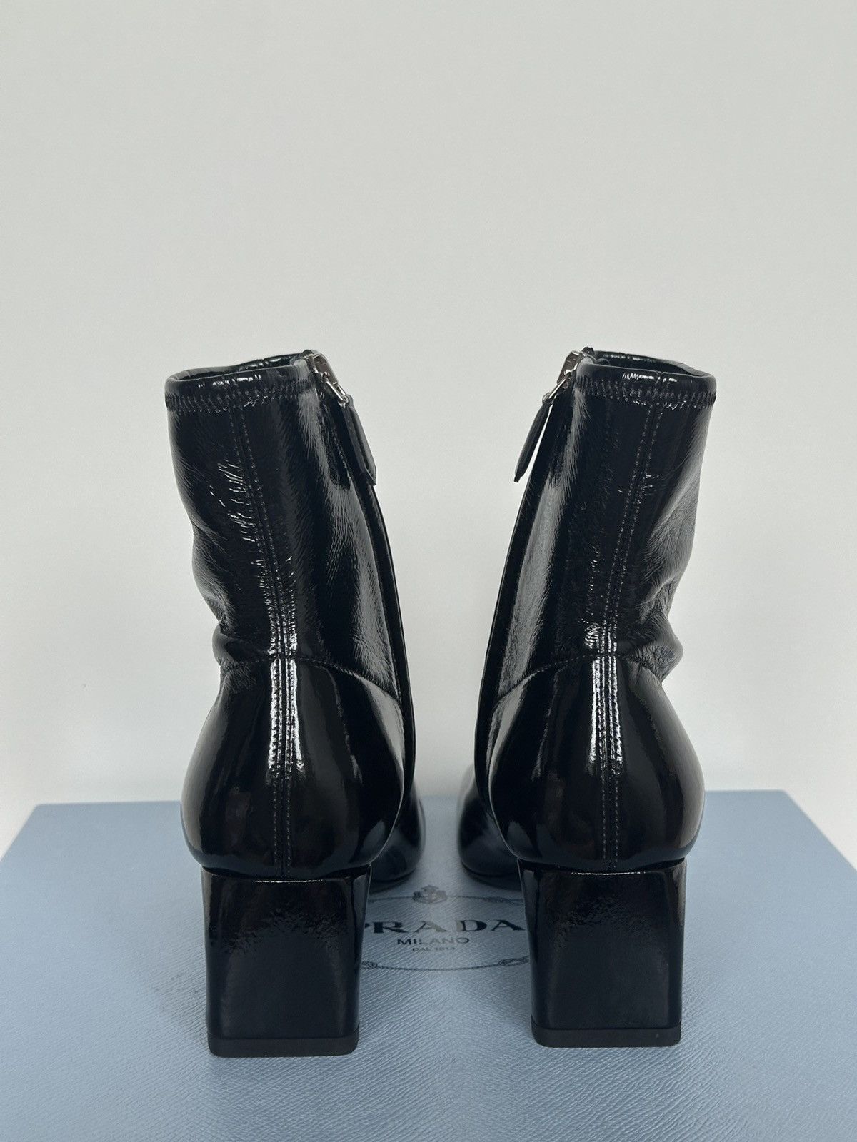 Designer × Prada NEW PRADA Patent Naplak Tech Square Toe Ankle Boots Size US 6 / IT 36 - 3 Thumbnail