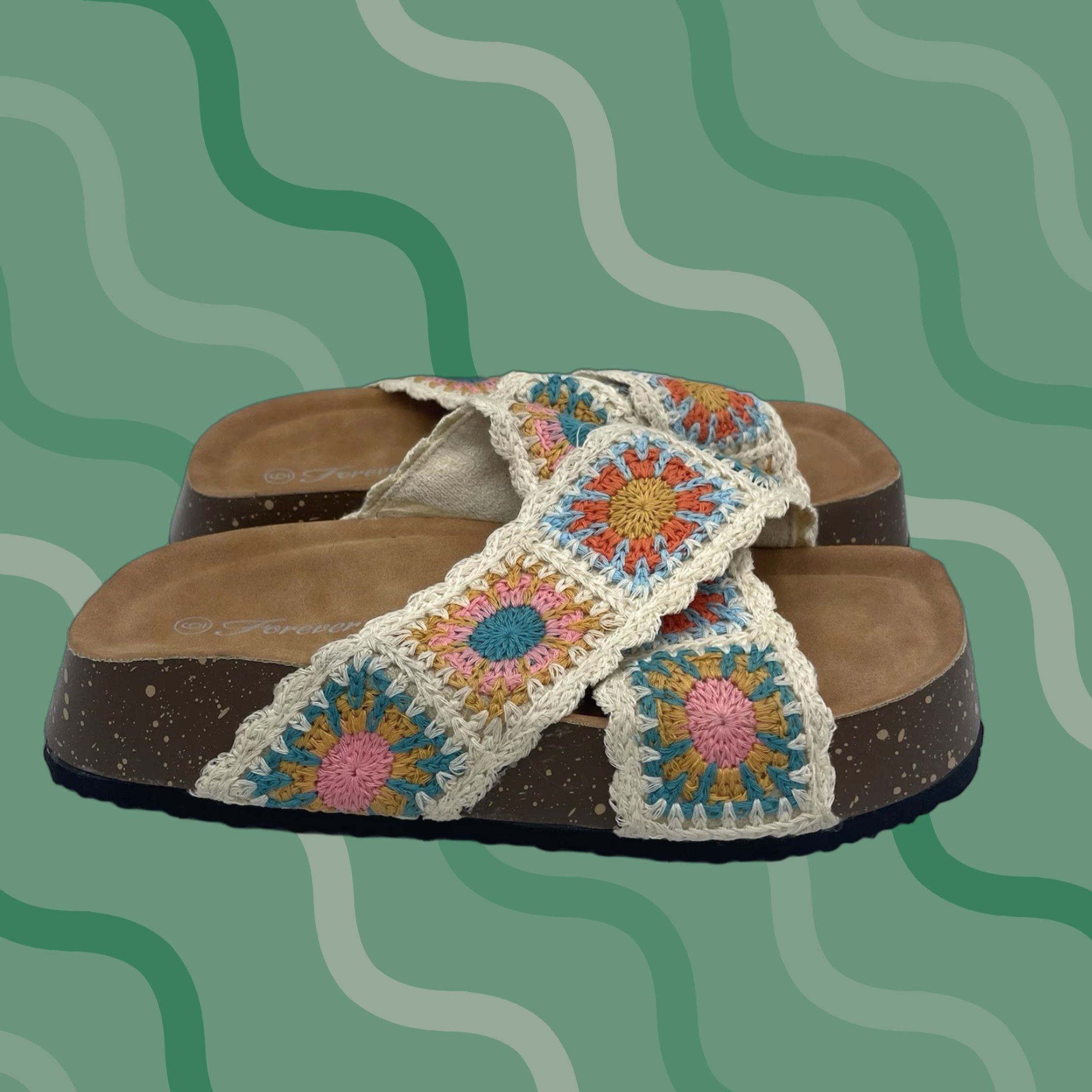FOREVER Sandal Boho Floral Multicolor Size 6 Women Slip On Open Toe Wedge Cork Insole Casual Summer Platform Shoewear