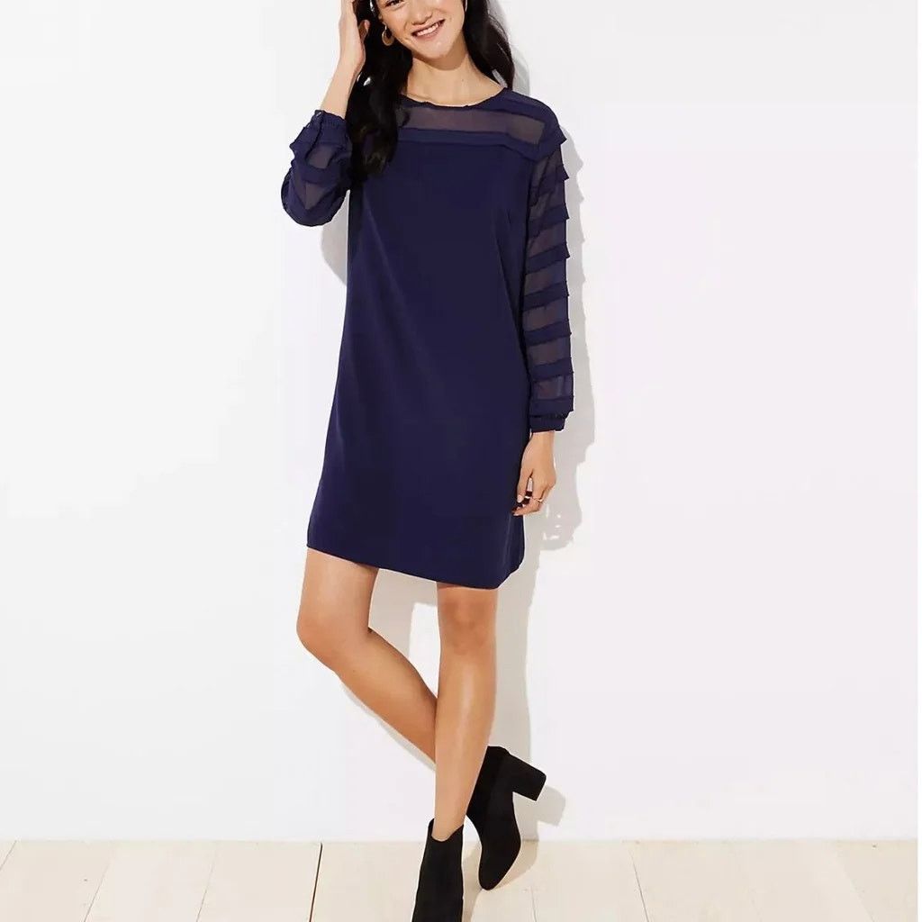 LOFT Navy Blue Striped Sheer Yoke Long Sleeve Shift Dress