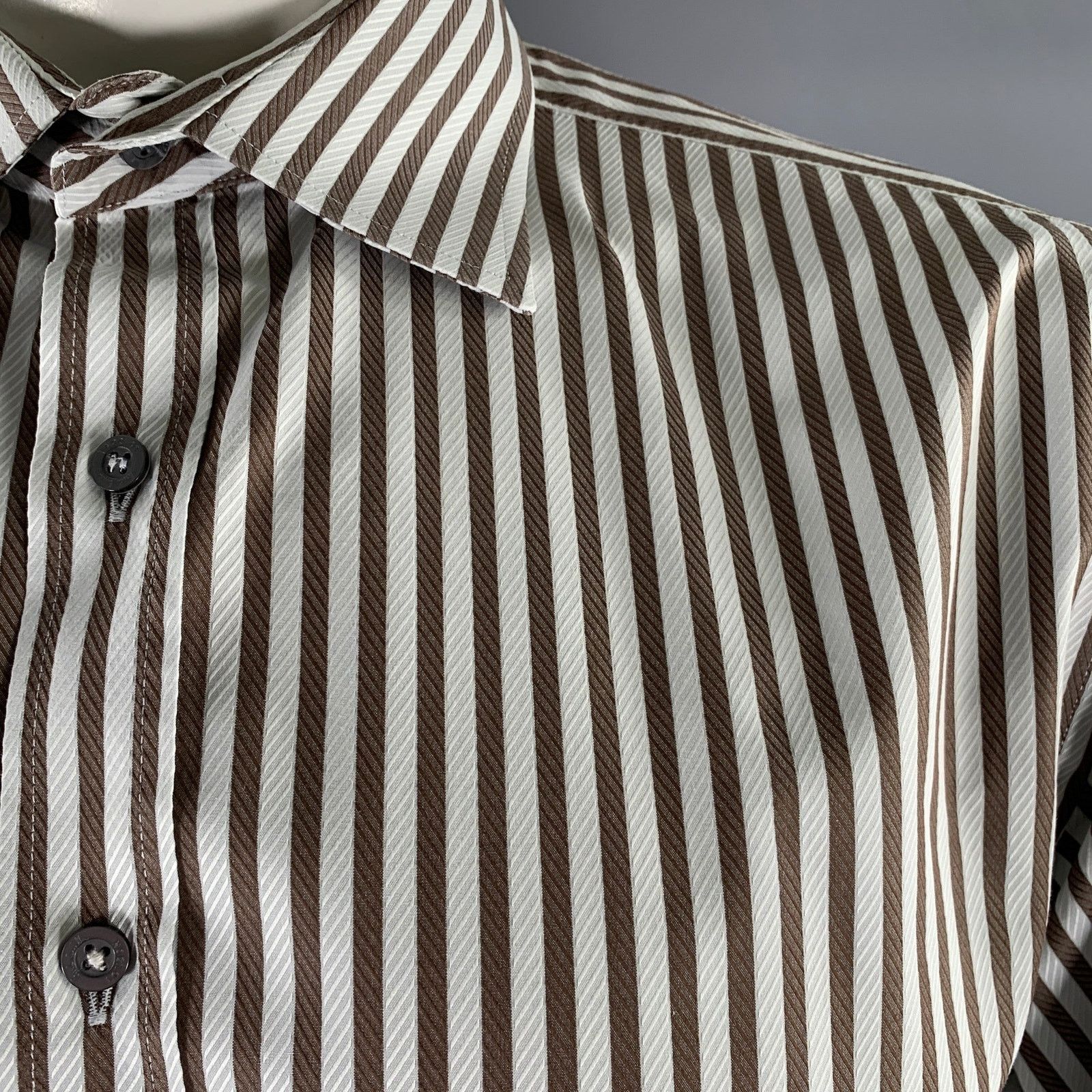 Paul Smith PAUL SMITH White Brown Striped Cotton Long Sleeve Shirt Size US XL / EU 56 / 4 - 2 Thumbnail