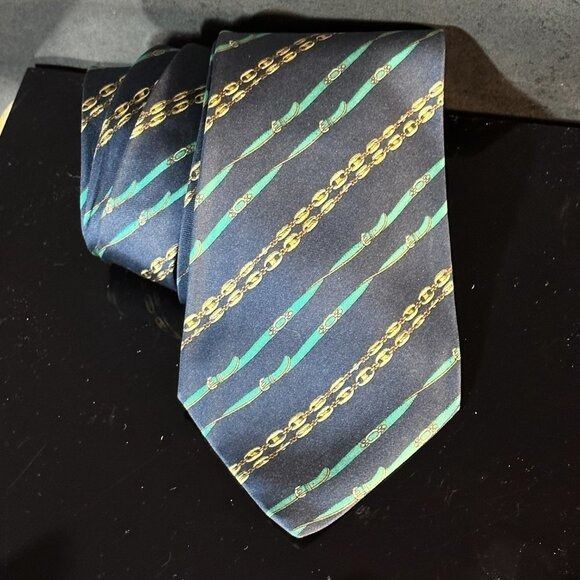 Gucci Gucci Logo Silk Tie Kelly Green Blue Striped Gold Link Chain Size ONE SIZE - 5 Thumbnail