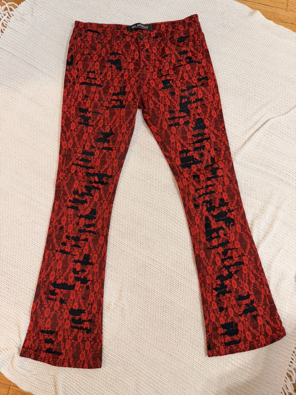 Valabasas Valabasas Red Lace Distressed Flare Jeans Size US 34 / EU 50 - 1 Thumbnail