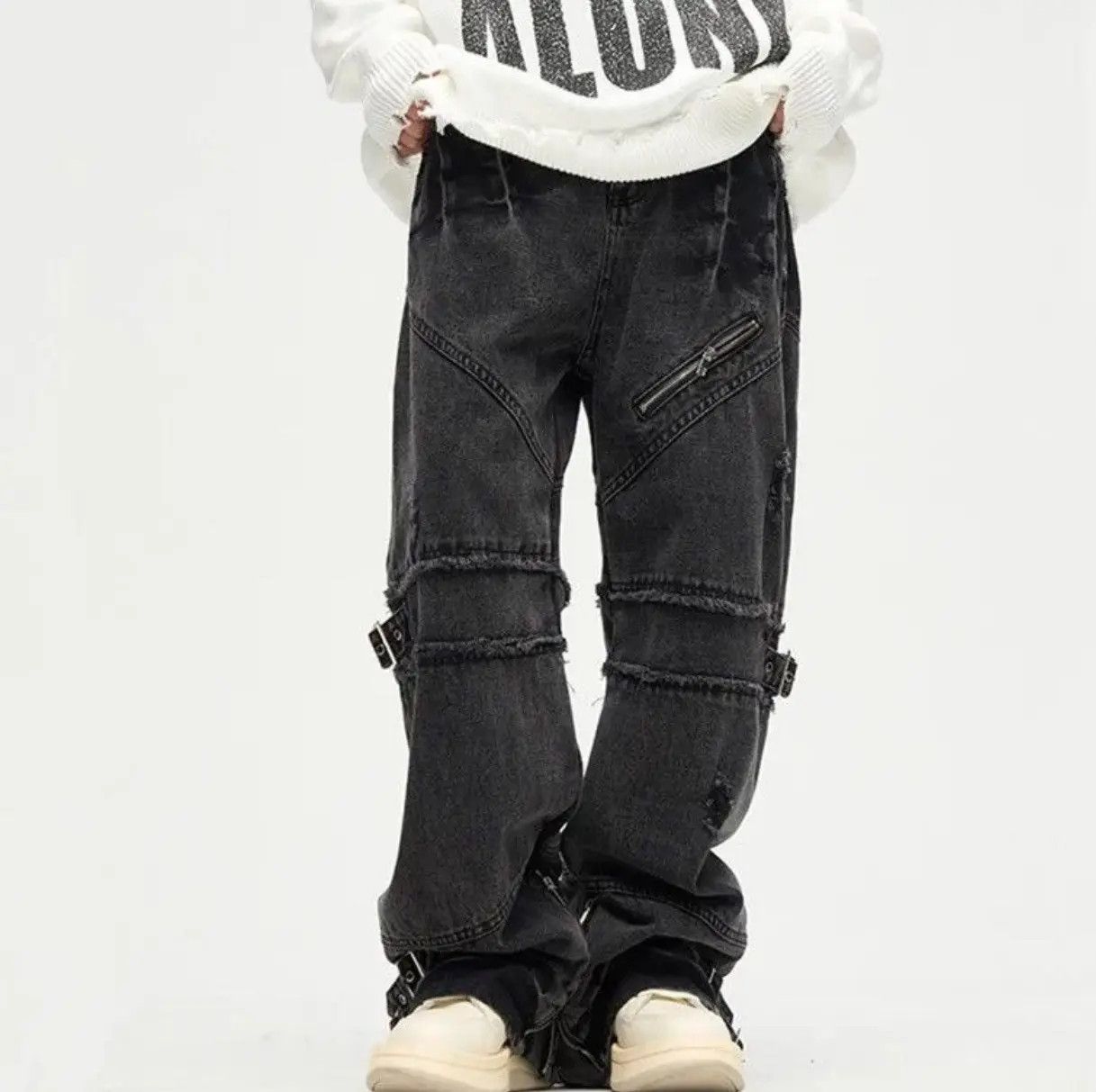 Japanese Brand × Jean Y2K Fashion Zipper Black Flared Jeans Cargo Size US 34 / EU 50 - 2 Thumbnail