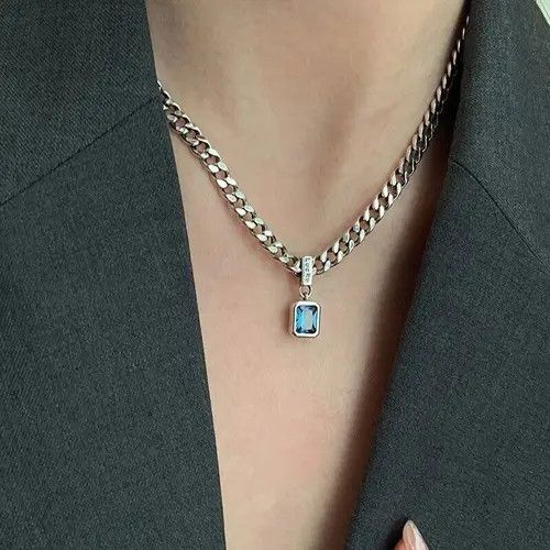 Jewelry Stainless Steel Square Blue Necklace Size ONE SIZE - 3 Thumbnail