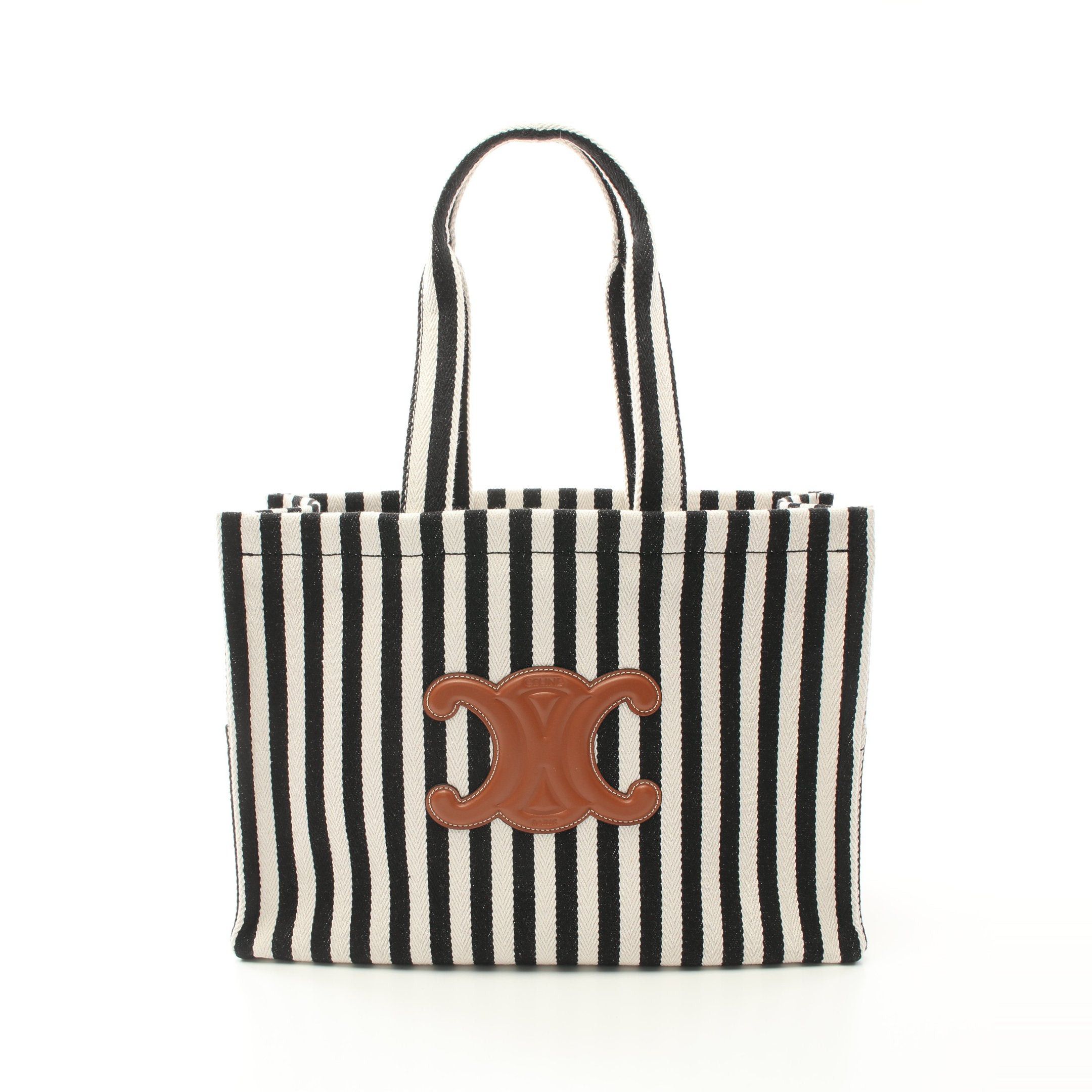 Celine Celine Large Hippopotamus Thais Shoulder Bag Tote Stripe Canvas Leather Black White Size ONE SIZE - 1 Thumbnail