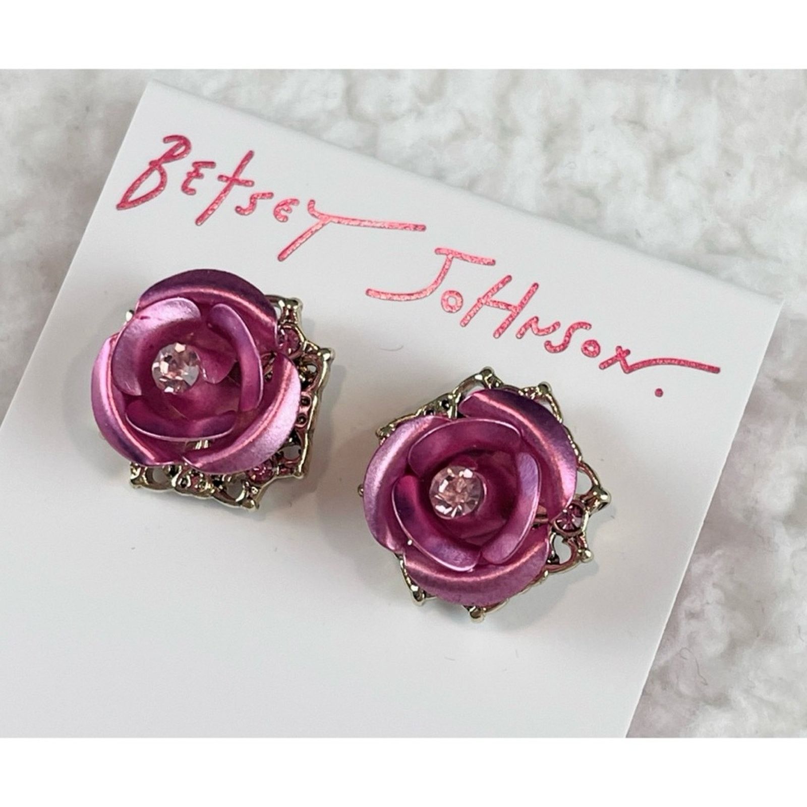 Betsey Johnson BETSEY JOHNSON • Pink/Gold Rose Rhinestone Stud Earrings Size ONE SIZE - 3 Thumbnail