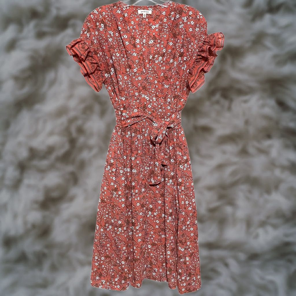 Vintage Max Studio Floral Prairie V Neck Dress S Ruffle Sleeves Belt Bow Smocked Pockets Bohemian A-Line Women Size S / US 4 / IT 40 - 1 Thumbnail