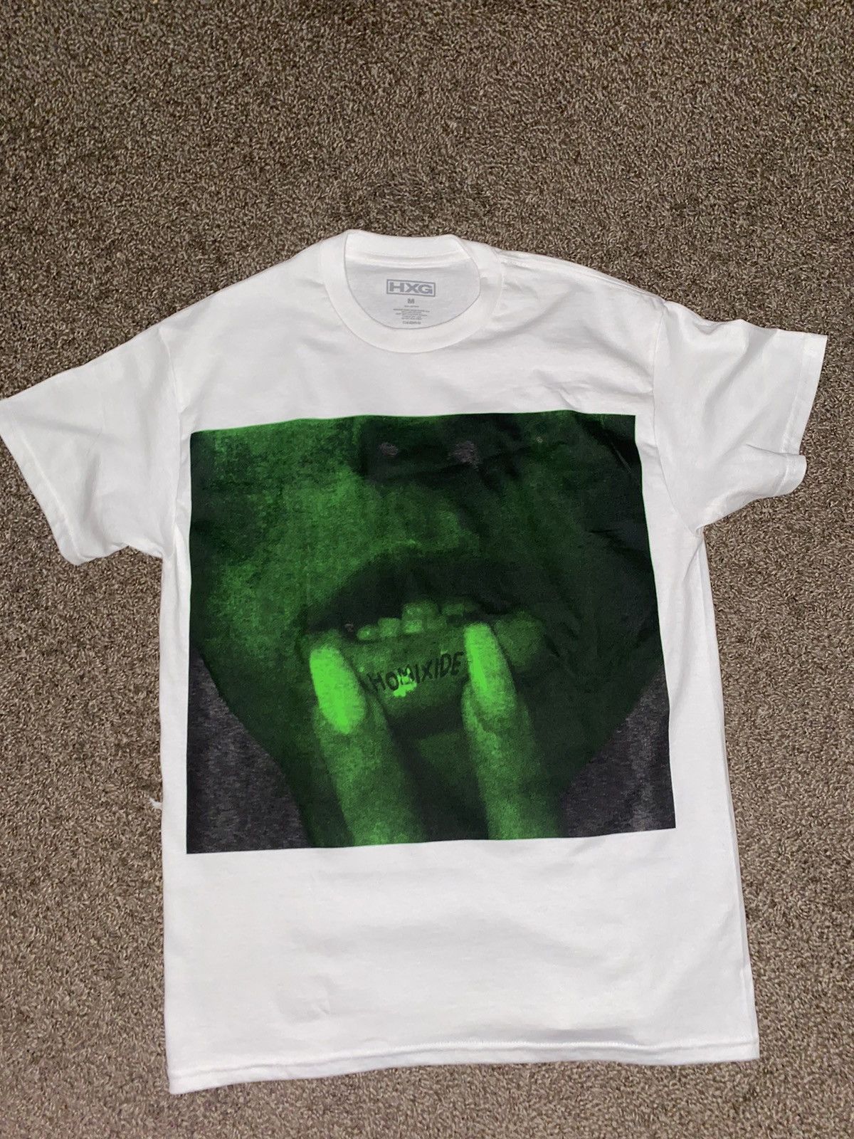 image of Homixide Gang Merch- Lip Bite T-Shirt in White, Men's (Size Medium)