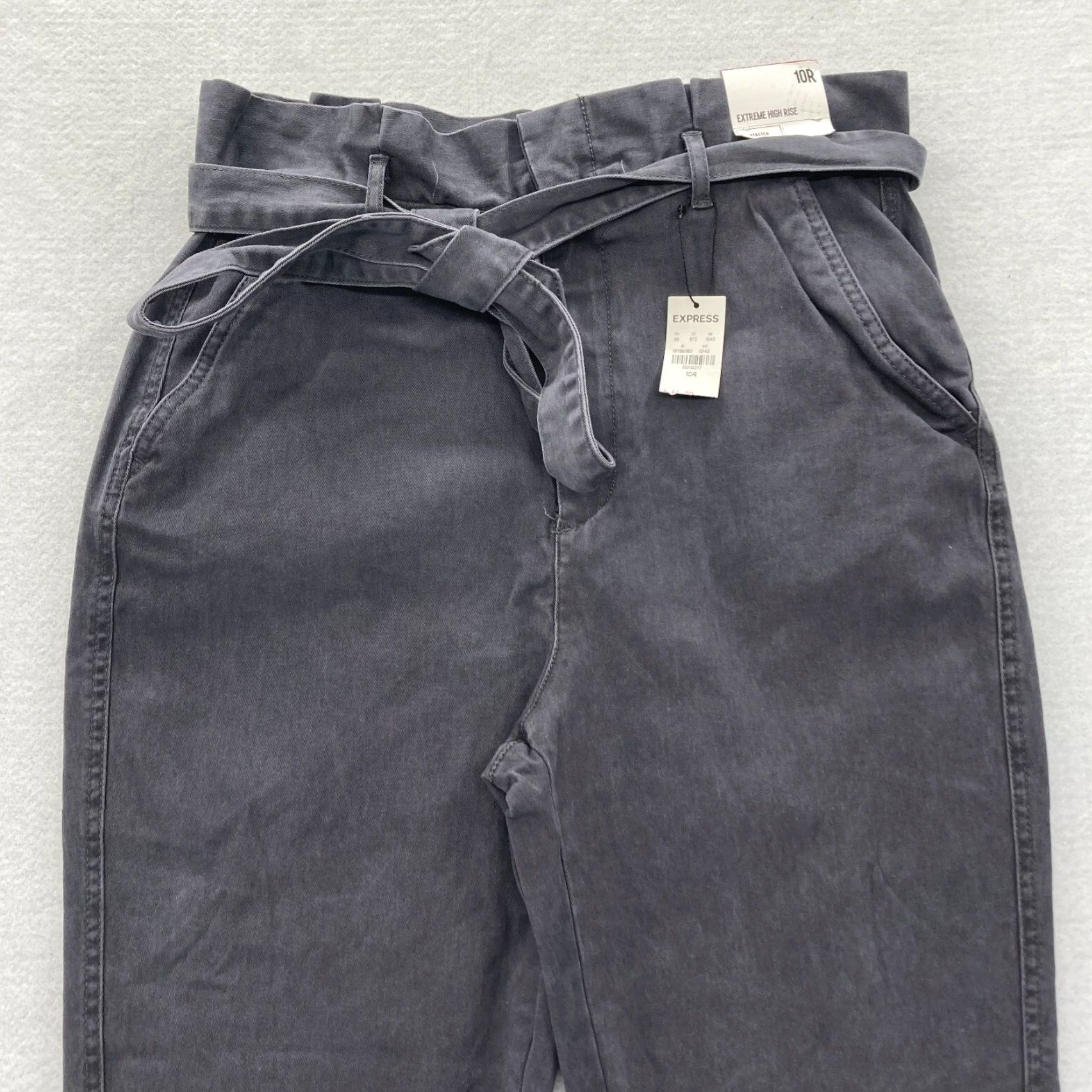 Express EXPRESS Paperbag Pants Women's 10 Gray Stretch Fabric High Rise Ankle Tie Waist Size 32" / US 10 / IT 46 - 2 Thumbnail
