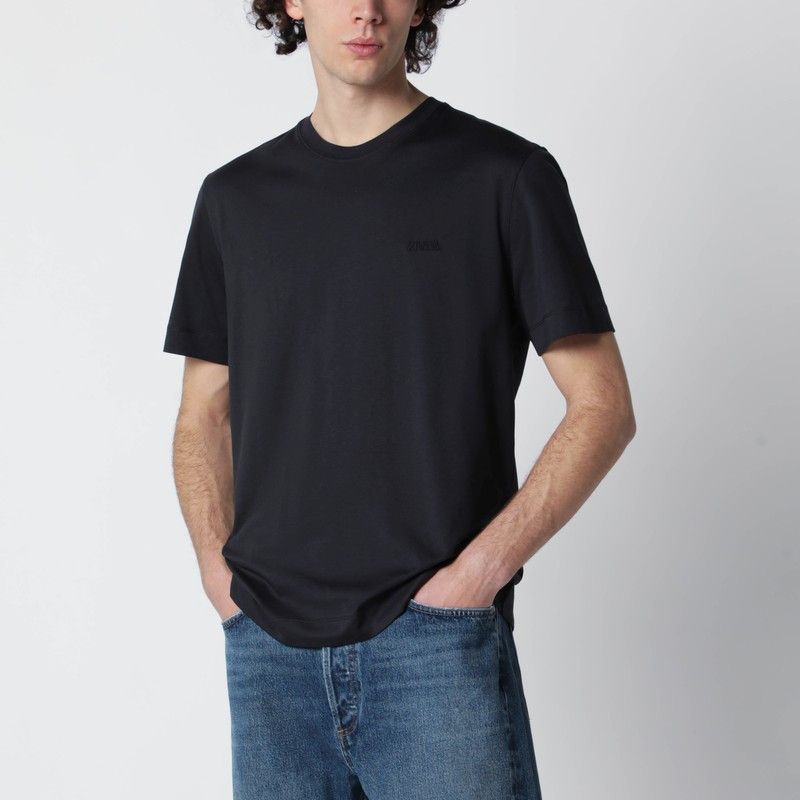 Zegna Navy Blue T-Shirt With Embroidered Logo