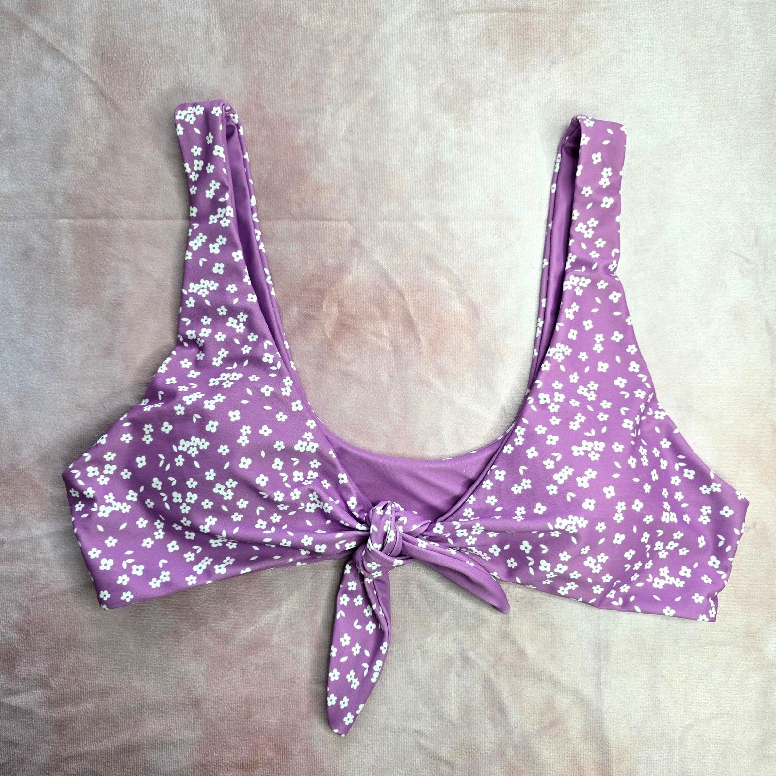 Other Purple White Floral Tie Front Padded Bikini Top Swim Medium Size ONE SIZE - 7 Thumbnail