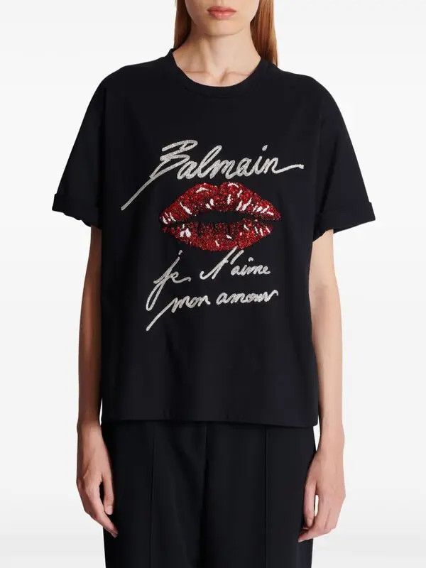 Balmain o1s1wg111225 Kiss-Print T-Shirt in Black Size XL / US 12-14 / IT 48-50 - 2 Thumbnail
