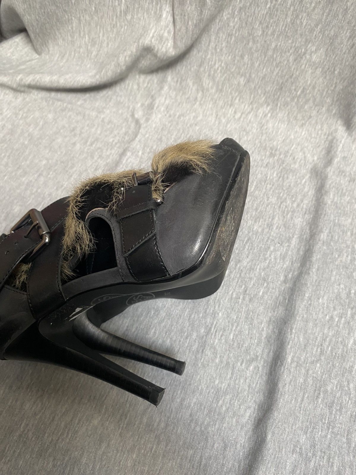 ASH Leather and rabbit fur heels with straps and metal buckles Size US 8 / IT 38 - 8 Thumbnail