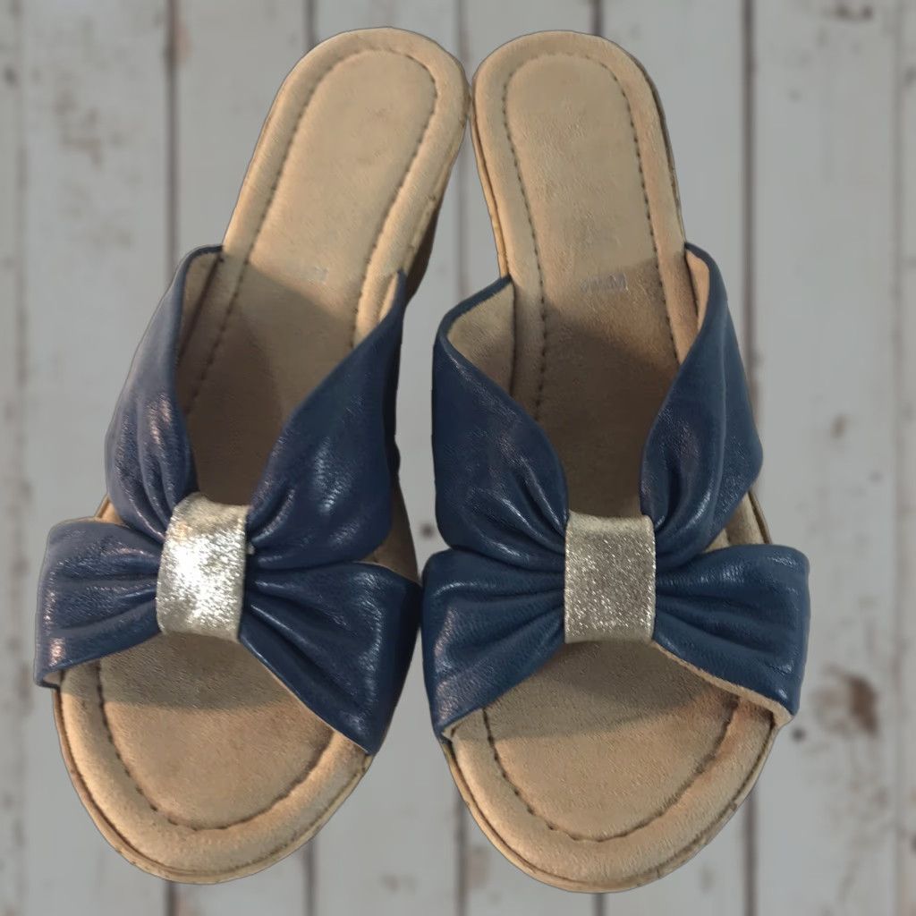 Vintage BELLA VITA Made in Italy Blue Leather Wedge Slides with Bow, Women's Size 7.5 M, Open Toe Size US 7.5 / IT 37.5 - 1 Thumbnail