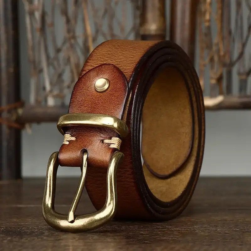 Leather × Vintage Cowhide Genuine Leather High Quality Jean Brass Buckle Belts Size ONE SIZE - 1 Thumbnail