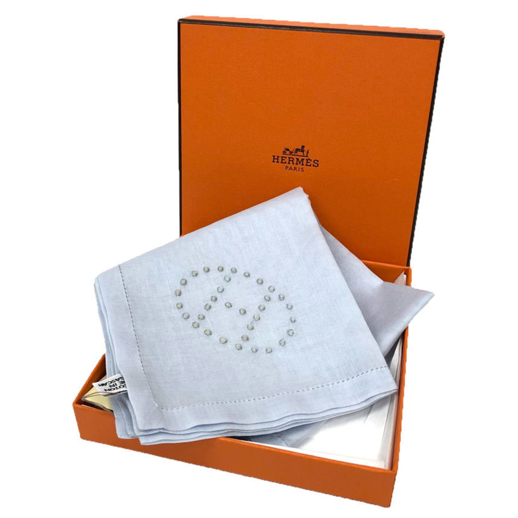 Hermes Hermes Handkerchief MOUCHOIR MARCEAU 2 BRODE 081019G-05 Cotton Embroidery BLEU (3841) Pocket Square Neck Scarf Evelyn 100% Blue Men's Women's Unisex Size ONE SIZE - 1 Thumbnail