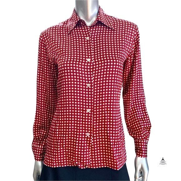 Ann Taylor Ann Taylor Silk Red and White Gingham Checkered Long Sleeve Size XS / US 0-2 / IT 36-38 - 2 Thumbnail