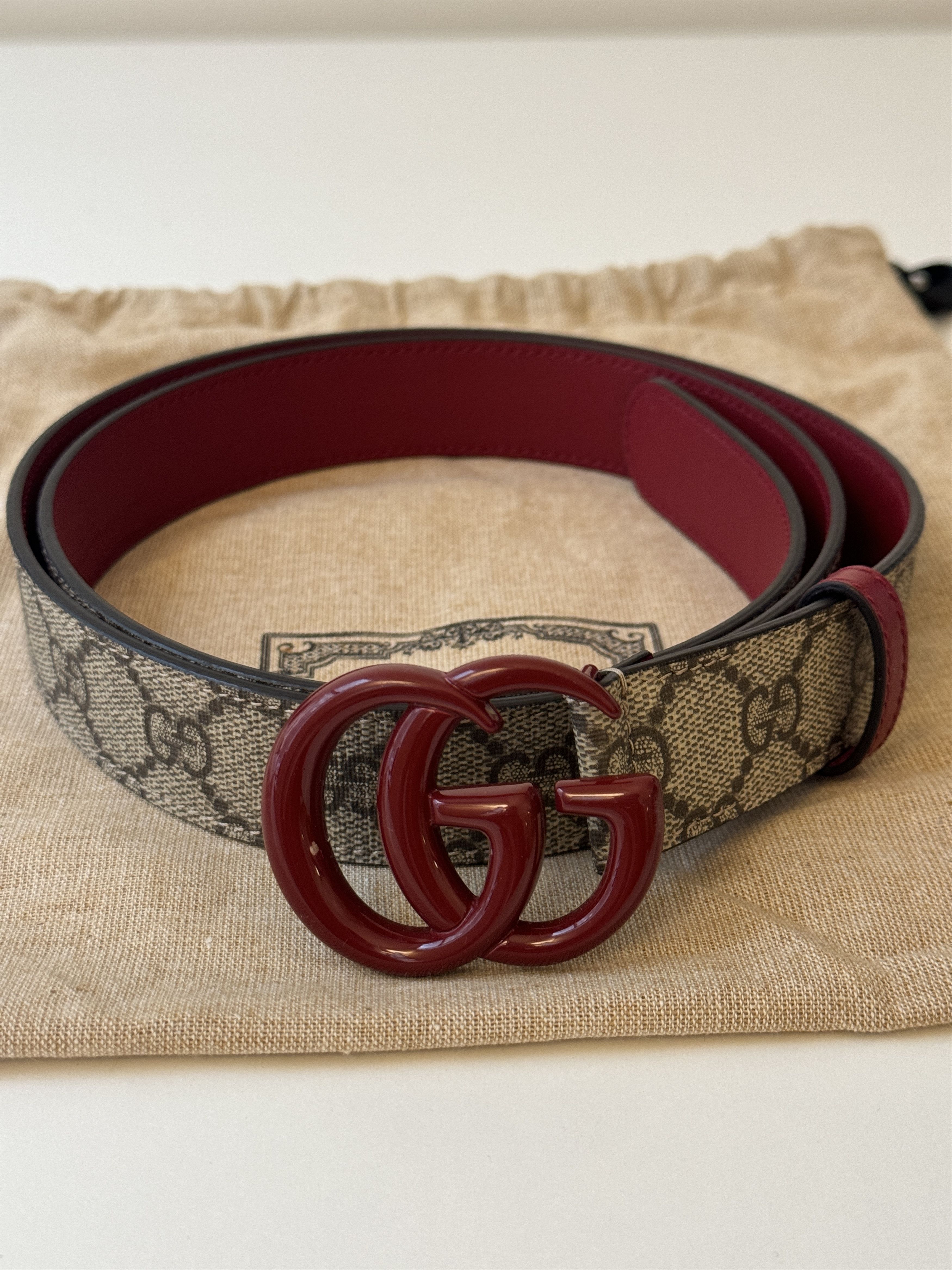 image of Gucci Marmont Belt GG Red Brown Monogram Canvas Size 100, Women's
