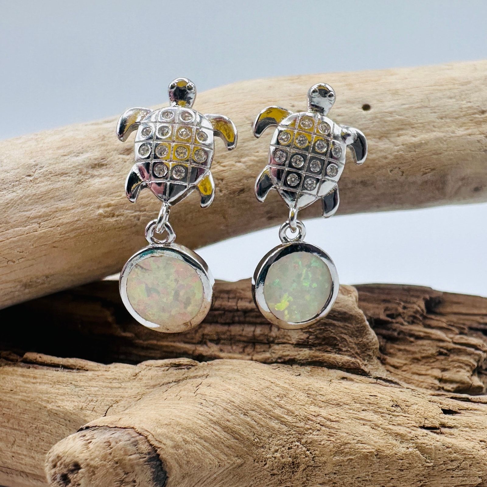The Unbranded Brand Sterling Silver White Opal Sea & White Topaz Turtle Earrings Size ONE SIZE - 4 Thumbnail