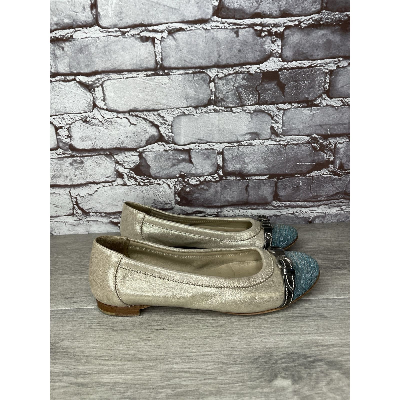 AGLINI AGL Metallic Gold Shimmer Leather Blue Cap Toe Ballet Flats Size US 6 / IT 36 - 10 Thumbnail