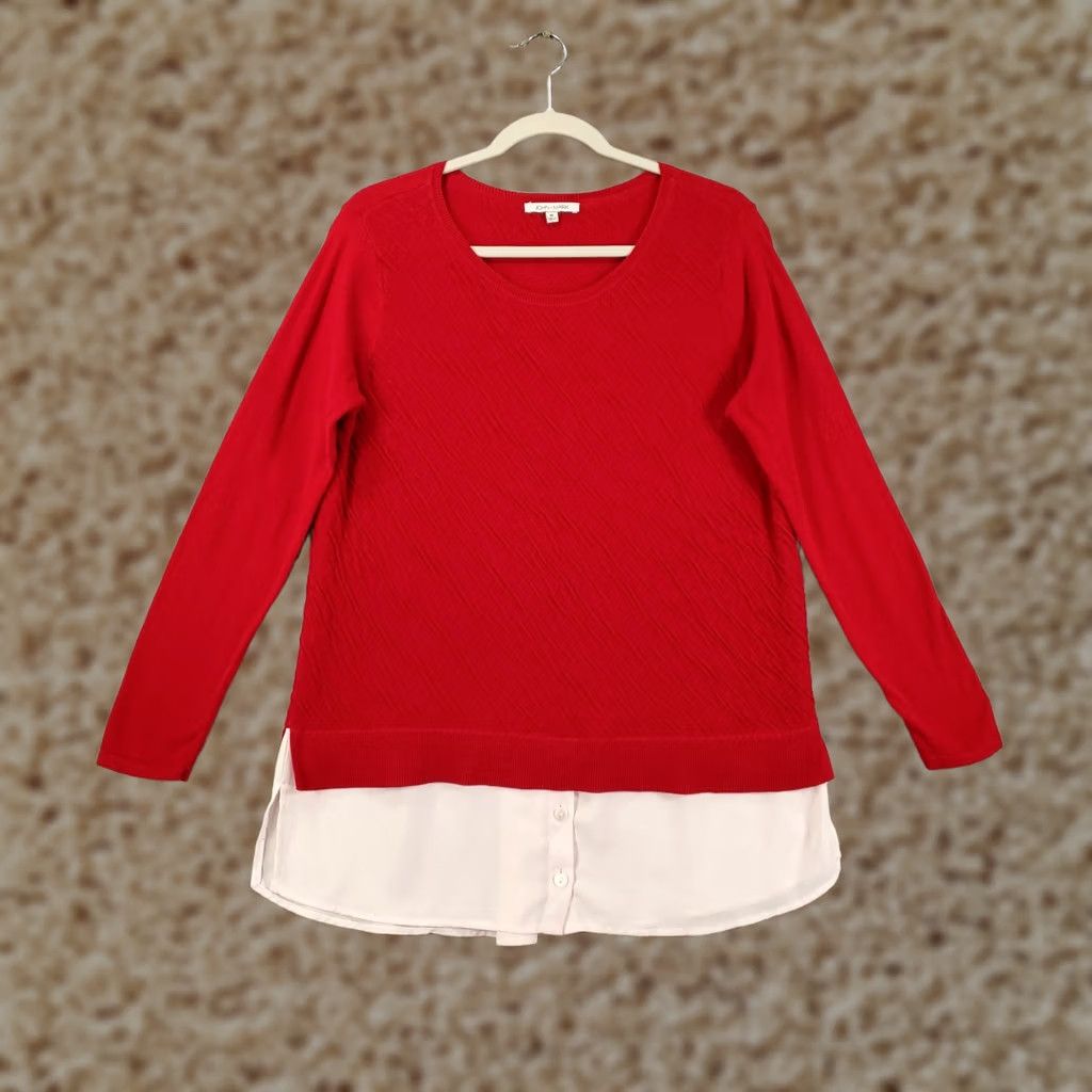 Vintage John Mark Womens Medium Red White Lining Knit Pullover Two Piece Set Top Blouse Tunic Casual Sleeve Round Neck Size M / US 6-8 / IT 42-44 - 1 Thumbnail