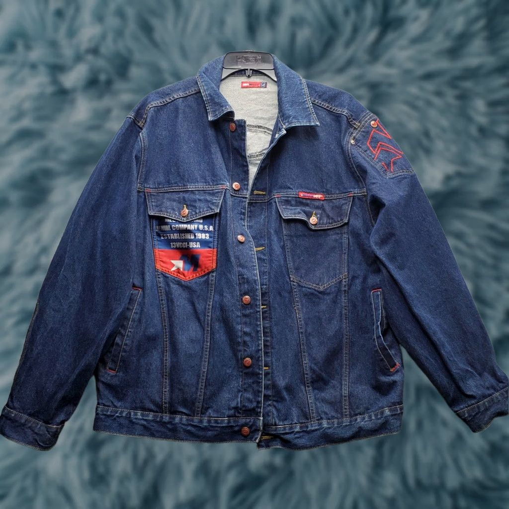 Vintage VINTAGE Mecca Jean Jacket Mens Large Blue Denim Hip Hop Graphic Patch Streetwear Jacket Size US 33 - 1 Thumbnail