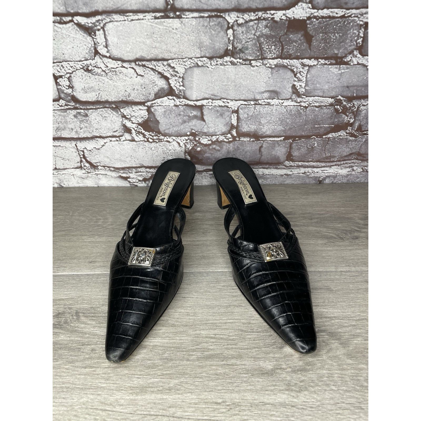Brighton Brighton Black Leather Croc Embossed Mules Slides Sandals Wo Size US 9.5 / IT 39.5 - 7 Thumbnail