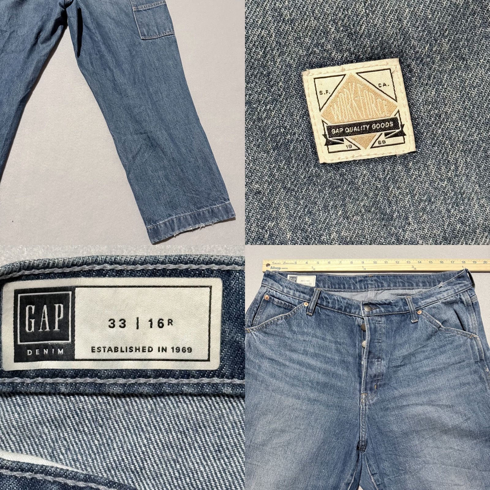 Gap VINTAGE Gap Carpenter Jeans Men's Blue Denim Button Fly Straight Relaxed Fit - 33/16R Size US 33 - 8 Thumbnail