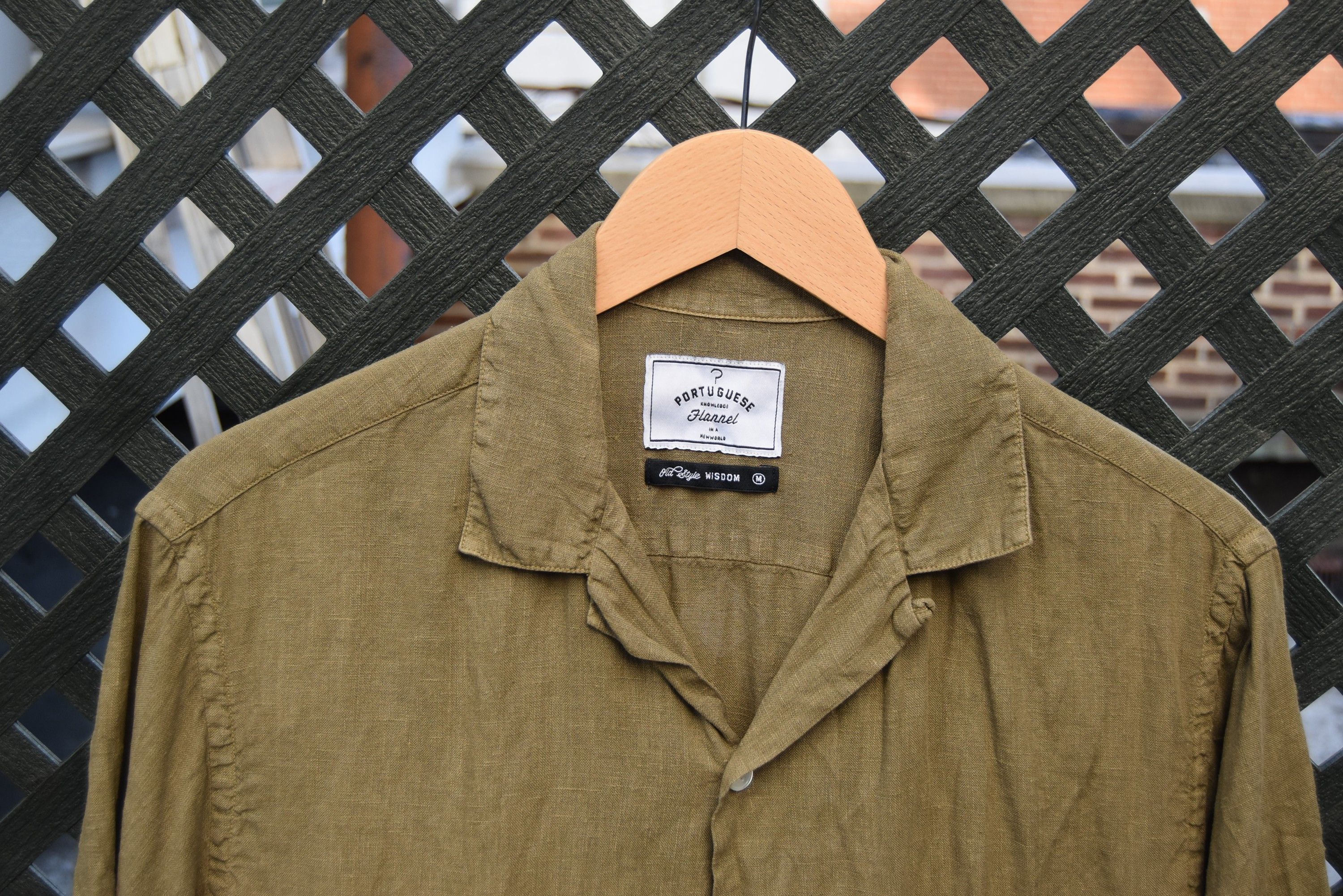 Portuguese Flannel olive green linen camp collar shirt
