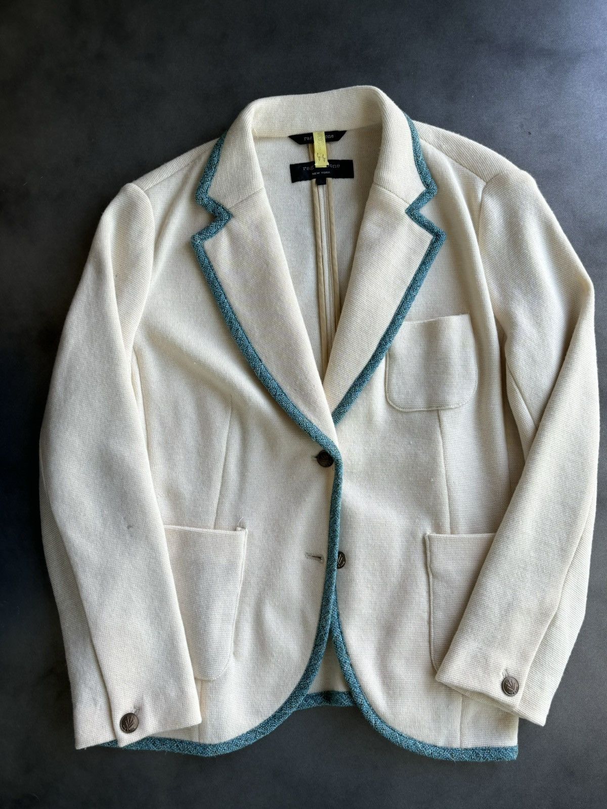 Designer × Rag & Bone Rag & Bone Blazer Womens Cream Merino Wool Teal Trim Prep Size L / US 10 / IT 46 - 3 Thumbnail