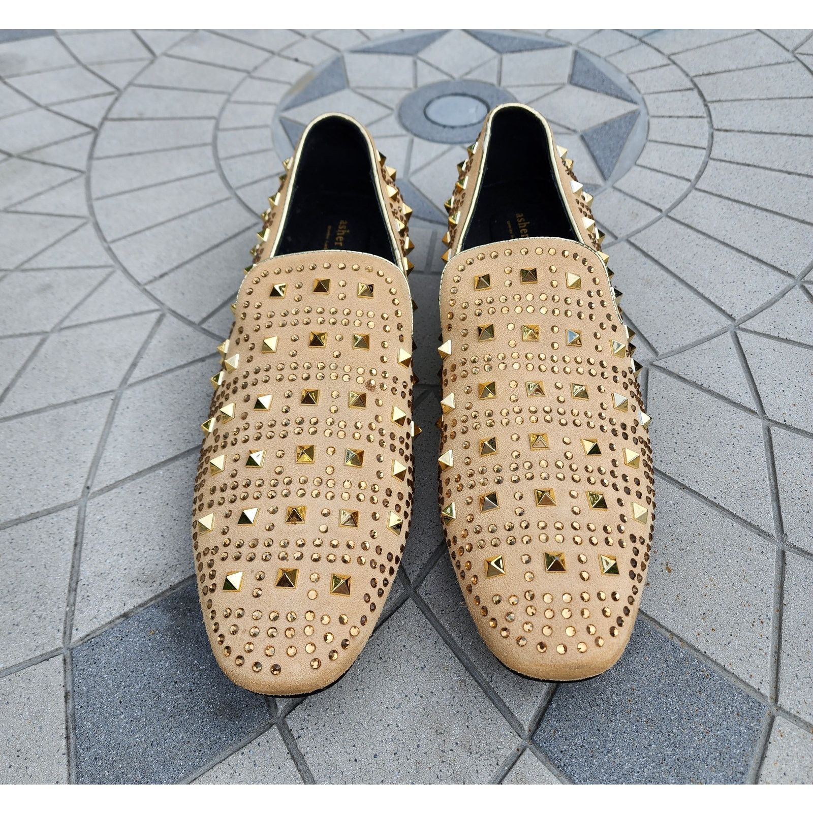 Designer Asher Green Tonal Crystal Studded Suede Smoking Loafer 14 Size US 14 / EU 47 - 2 Thumbnail