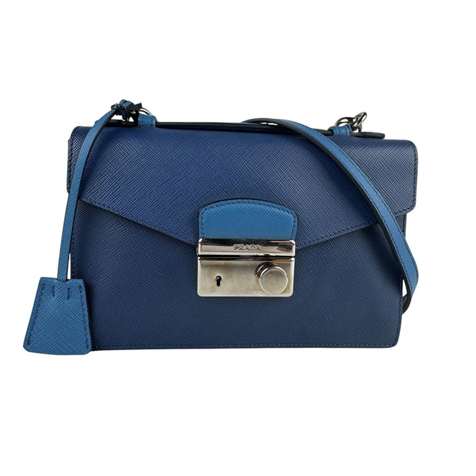 Prada Shoulder Bag Leather Navy x Blue Women's z6814