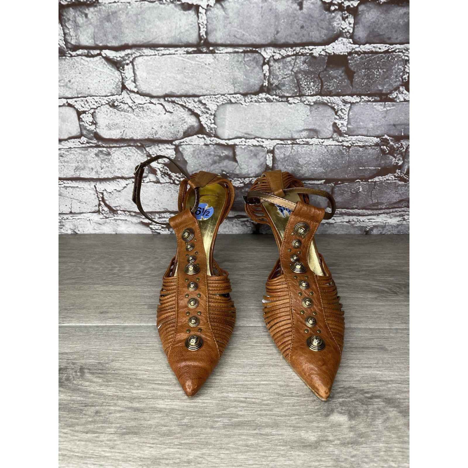 Just Cavalli Just Cavalli Brown Leather Studded Pointed Ankle Strap Stile Size US 6.5 / IT 36.5 - 14 Thumbnail
