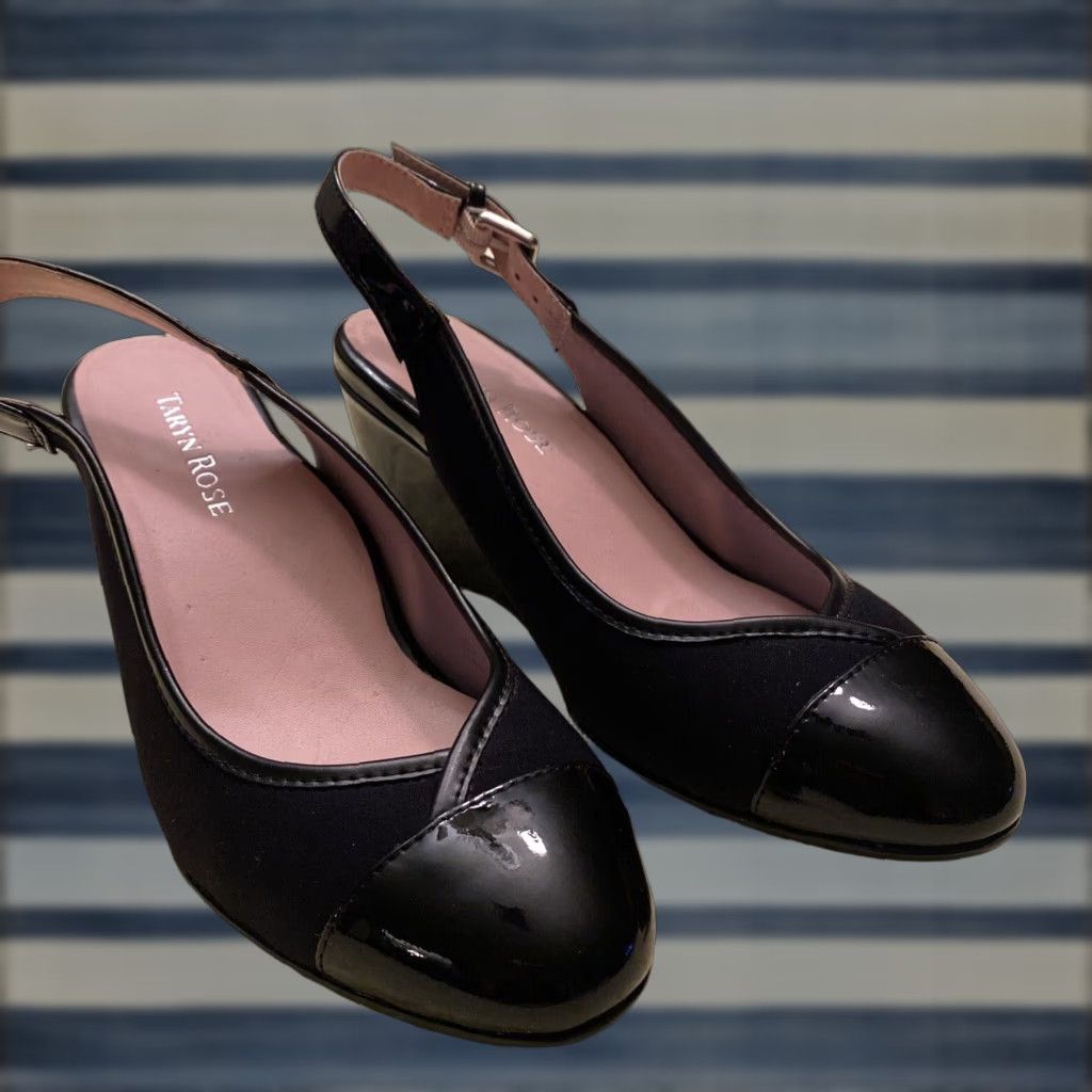Vintage Taryn Rose Karine Black Patent Leather Wedge Heel Shoes Slingback Womens Size 6M
