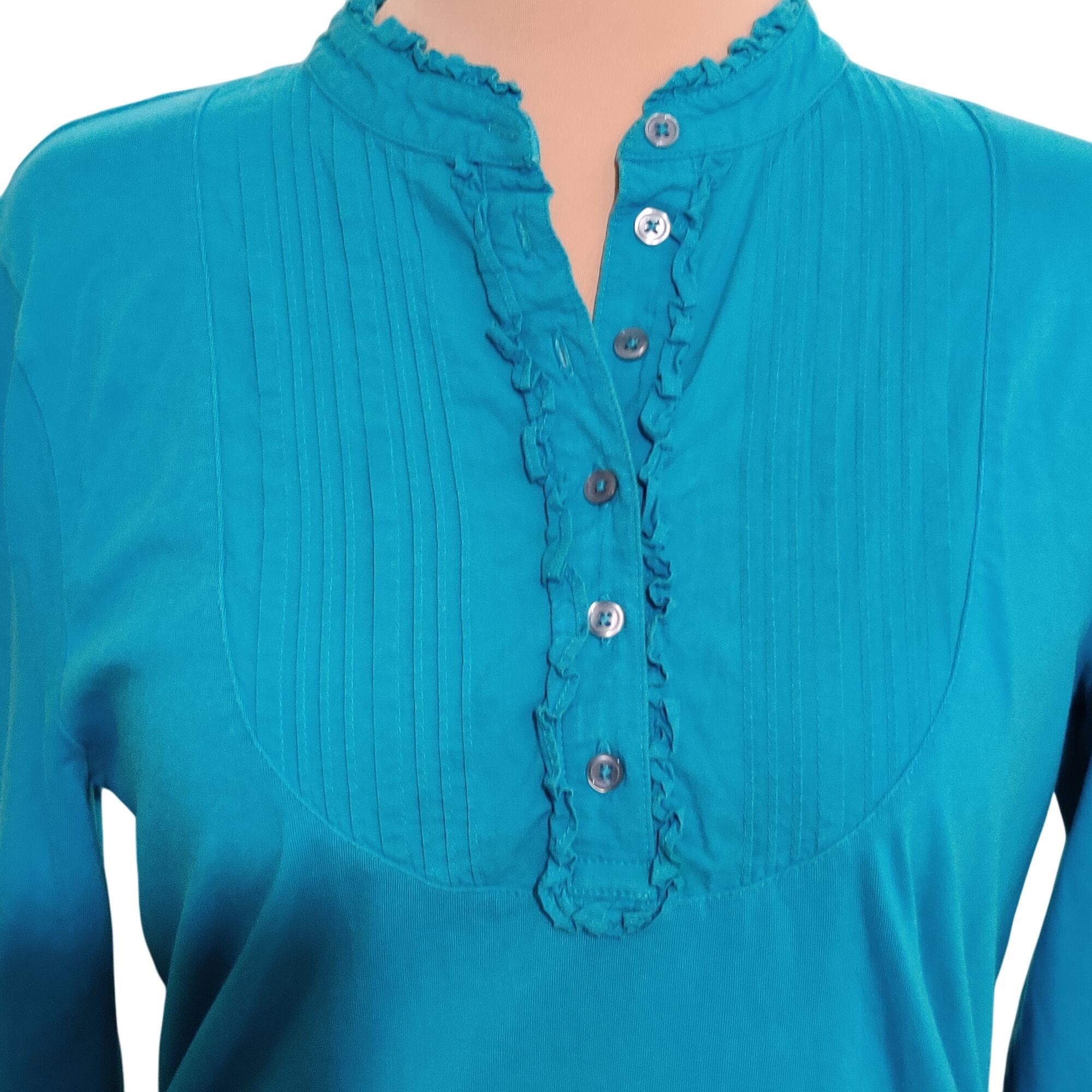 Charter Club Charter Club XL Teal Ruffle Front Pintuck Blouse Long Sleeve Size XL / US 12-14 / IT 48-50 - 2 Thumbnail