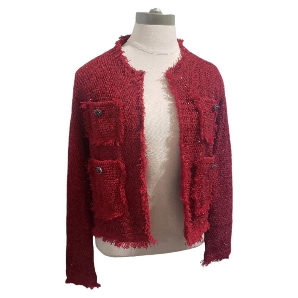 Zara CT1936 Zara Red/Metallic Cropped Blazer with Pockets S Size S / US 4 / IT 40 - 1 Thumbnail