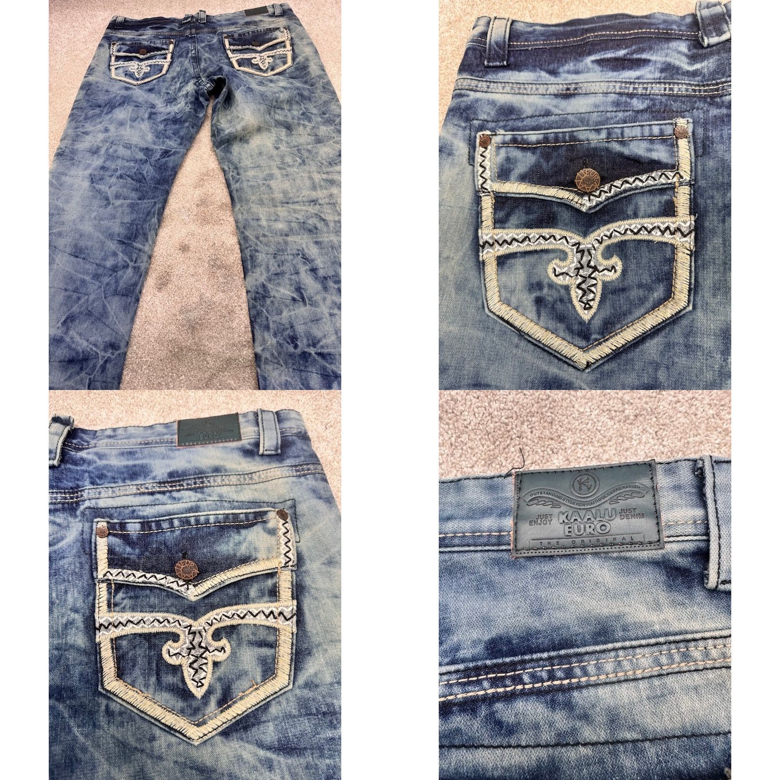 Denime VINTAGE Kaalu Euro Jeans Men’s 46x32 Blue Denim Acid Wash Straight Leg Distressed 6202 Size US 30 / EU 46 - 9 Thumbnail