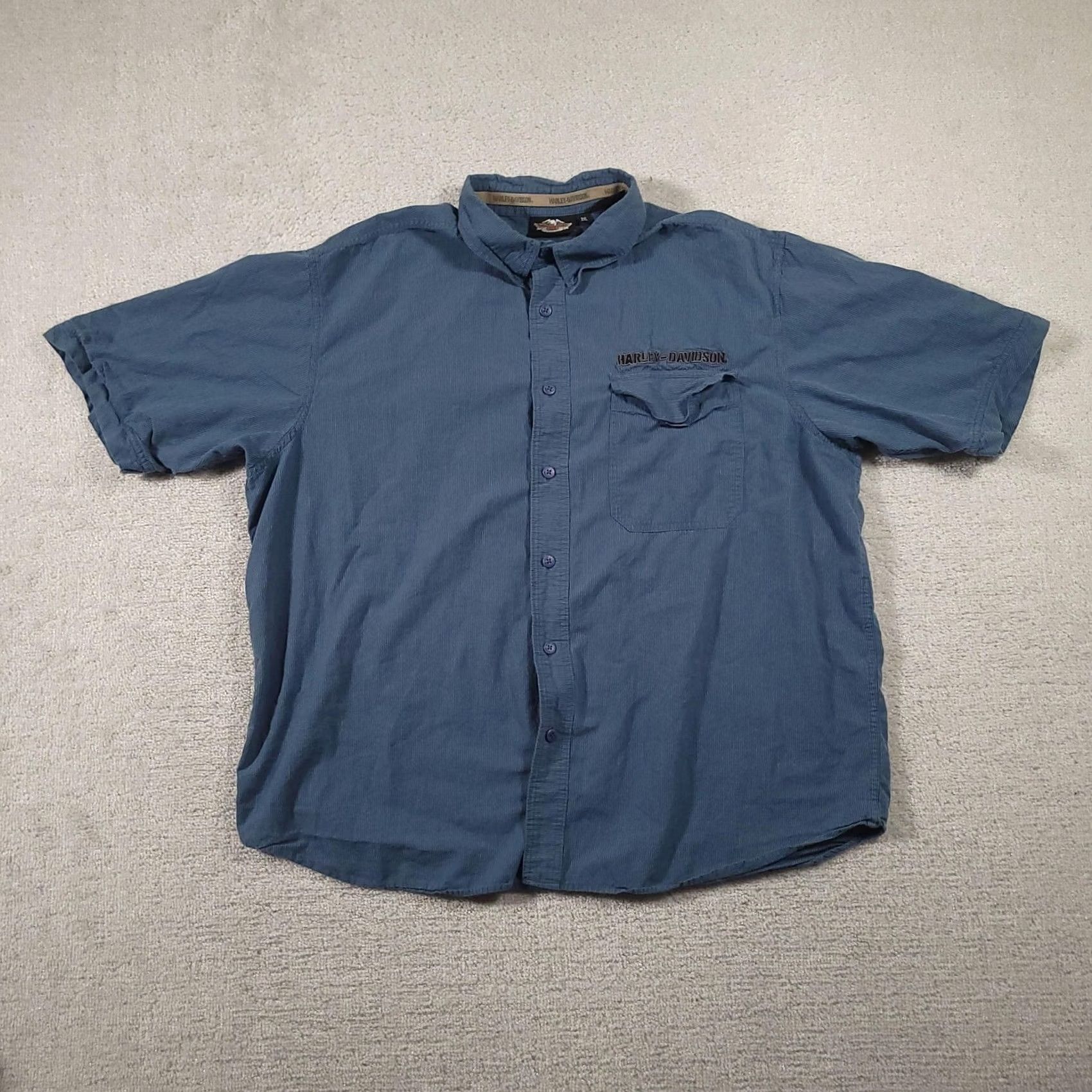 Harley Davidson Harley-Davidson Shirt Mens 2XL Blue Short Sleeve Button Up Eagle Graphic Embroidered Pocket Back Graphic Biker Motorcycle Size US XXL / EU 58 / 5 - 2 Thumbnail