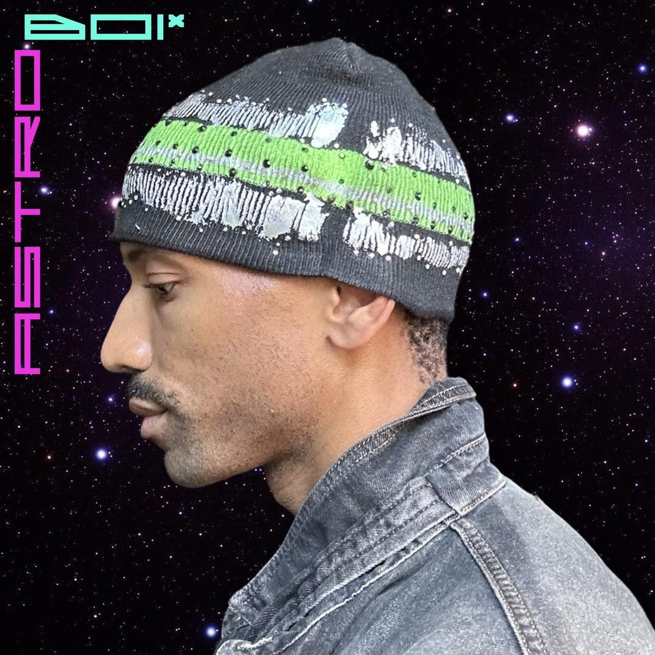 Other ASTROBOI* GREY BEANIE W/ SLIME GREEN STRIPE AND RHINESTONES Size ONE SIZE - 3 Thumbnail
