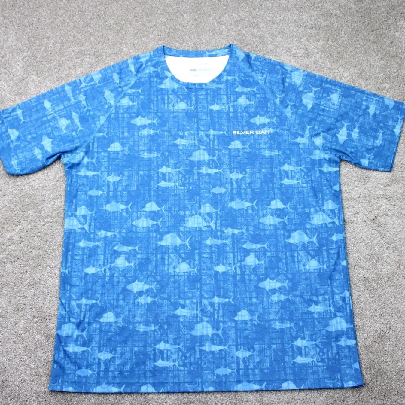 Vintage Silver Bait Mens XL Blue Fish All Over Print S/S Button-Up Shirt UPF 50+ Polyester Bait Sportsman Shirt Geometric Pattern Casual Size US XL / EU 56 / 4 - 2 Thumbnail